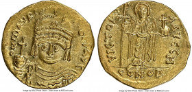 Maurice Tiberius (AD 582-602). AV solidus (20mm, 6h). NGC AU, clipped. Theoupolis (Antioch), 8th officina. o N mAVRC-TIb PP AVG, draped and cuirassed ...