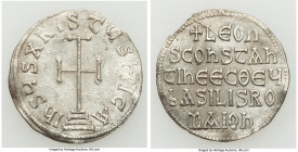 Leo V the Armenian and Constantine (AD 813-820). AR miliaresion (23mm, 1.89 gm, 12h). Choice XF, graffiti. Constantinople. IhSЧS XRISTЧS nICA, cross p...