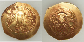 Michael VII Ducas (AD 1071-1078). AV/EL histamenon nomisma scyphate (27mm, 4.21 gm, 6h). VF, flan crack, graffiti. Constantinople. Bust of Christ faci...