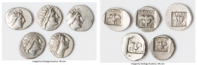ANCIENT LOTS. Greek. Carian Islands. Rhodes. Ca. 88-84 BC. Lot of five (5) AR drachms. VF-XF. Includes: (5) Plinthophoric standard, AR drachms. Variou...