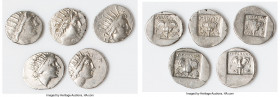 ANCIENT LOTS. Greek. Carian Islands. Rhodes. Ca. 88-84 BC. Lot of five (5) AR drachms. VF-XF. Includes: (5) Plinthophoric standard, AR drachms. Variou...