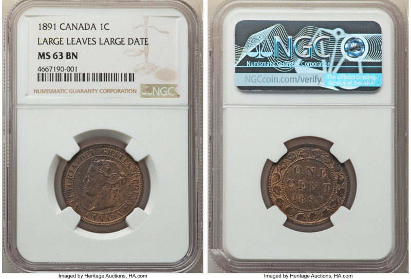Victoria "Large Leaves, Large Date" Cent 1891 MS63 Brown NGC, London mint, KM7....