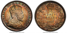 Edward VII 10 Cents 1902 MS64 PCGS, London mint, KM10. Exceptional eye-appeal enhanced by fiery orange, seafoam and, teal accents to a bronze-colored ...