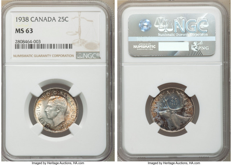 George VI 25 Cents 1938 MS63 NGC, Royal Canadian mint, KM35. Lustrous and beauti...