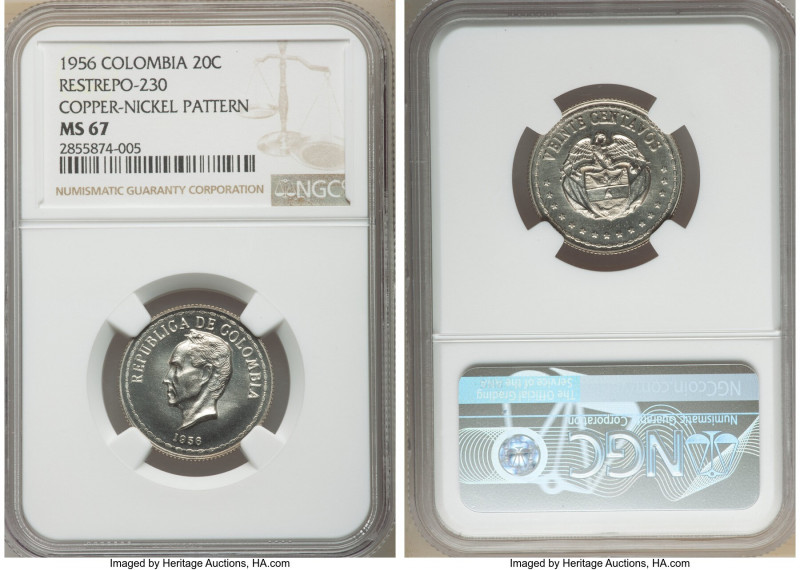 Republic copper-nickel Pattern 20 Centavos 1956 MS67 NGC, KM-PnA105, Restrepo-23...