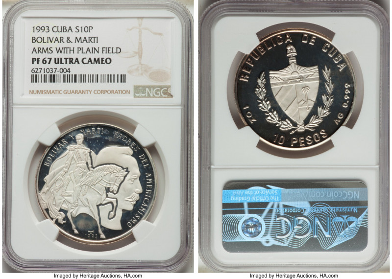 Republic silver Proof "Bolivar & Marti" 10 Pesos 1993 PR67 Ultra Cameo NGC, Hava...