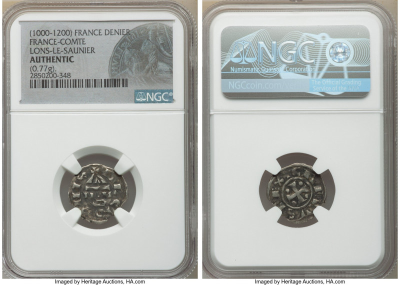 Lons-Le-Saunier Denier ND (1000-1200) Authentic NGC, Rob-1726. 0.77gm. +BLEDONIS...