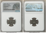 Lons-Le-Saunier Denier ND (1000-1200) Authentic NGC, Rob-1726. 0.77gm. +BLEDONIS tetrastyle temple containing cross, long oval below / +CARLVS REX, cr...