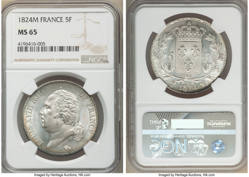 Louis XVIII 5 Francs 1824-MA MS65 NGC, Marseille mint, KM711.10, Gad-614. It wil...