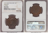 Wales. Anglesey copper 1/2 Penny Token 1791 MS63 Brown NGC, D&H-405. Edge: Plain. Druids head left within oak wreath / ANGLESEY MINES HALF 1791 P M Co...