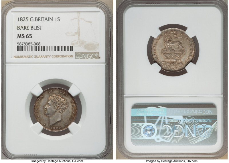 George IV "Bare Head" Shilling 1825 MS65 NGC, KM694, S-3812. First year of type....