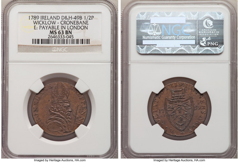 Wicklow. Cronebane copper 1/2 Penny Token 1789 MS63 Brown NGC, D&H-49B. Edge PAY...