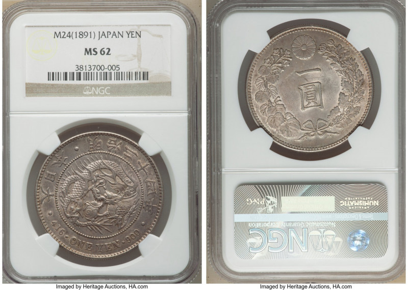 Meiji Yen Year 24 (1891) MS62 NGC, Osaka mint, KM-YA25.3. Battleship-gray and ar...