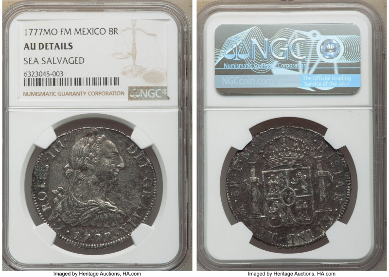 Charles III "La Boussole" Shipwreck 8 Reales 1777 Mo-FM AU Details (Sea Salvaged...