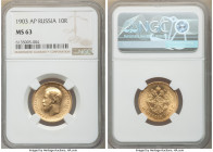Nicholas II gold 10 Roubles 1903-AP MS63 NGC, St. Petersburg mint, KM-Y64. Lustrous satin surface. AGW 0.2489 oz. 

HID09801242017

© 2020 Heritag...