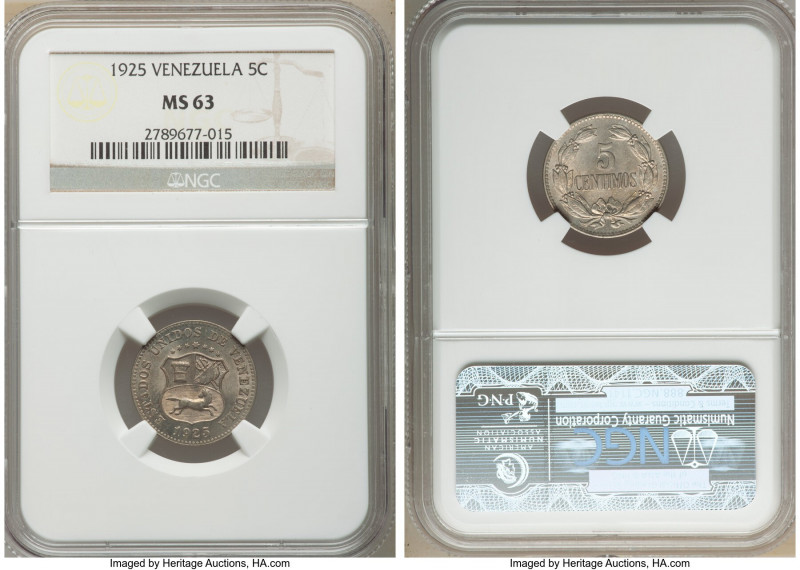 Republic 5 Centimos 1925-(p) MS63 NGC, Philadelphia mint, KM-Y27. Dove-gray with...