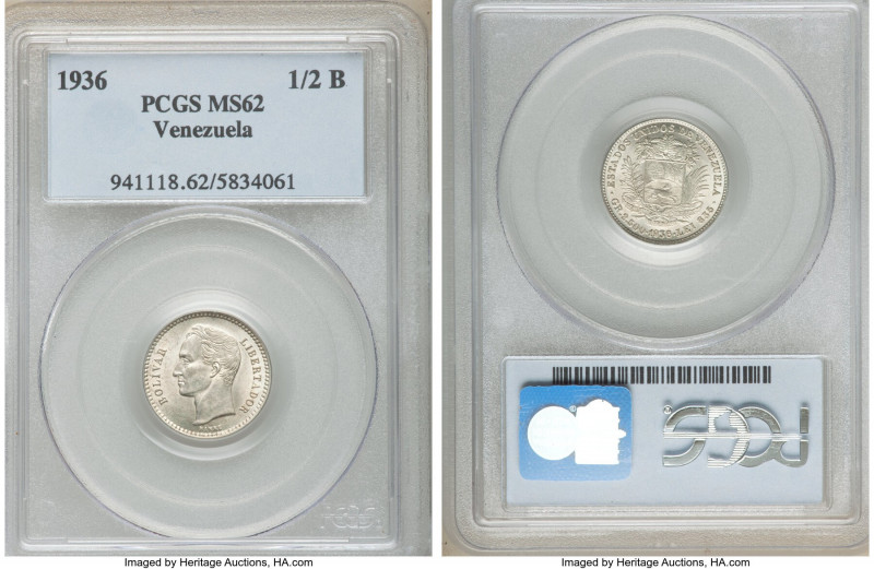 Republic 1/2 Bolivar 1936 MS62 PCGS, Philadelphia mint, KM-Y21. Last year of typ...