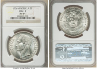 Republic 5 Bolivares 1936-(p) MS64 NGC, Philadelphia mint, KM-Y24.2. High "3" variety. Lustrous with light saffron toning. 

HID09801242017

© 202...