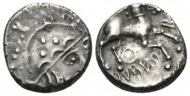 GAUL, Aedui. Doubno, Circa 100-50 BC. Quinarius (Silver, 12.5 mm, 1.98 g, 12 h). [ANOR] Bust to left, wearing torque. Rev. DVBNO Horse galopping right...