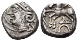 CELTIC, Central Gaul. Aedui. Circa 80-50 BC. Quinarius (Silver, 11 mm, 1.88 g, 4 h). Helmeted head of Roma to left within double border of dots. Rev. ...