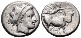 CAMPANIA. Neapolis. Circa 320-300 BC. Nomos (Silver, 19 mm, 7.17 g, 11 h). Diademend head of nymph to right, wearing triple-pendant earring and pearl ...