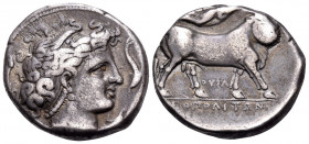 CAMPANIA. Neapolis. Circa 300 BC. Stater (Silver, 21 mm, 7.47 g, 4 h), struck under the magistrate Ouill...(in Latin, Villius). Head of Parthenope to ...