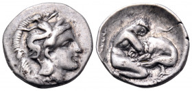 CALABRIA. Tarentum. Circa 380-325 BC. Diobol (Silver, 12 mm, 1.25 g, 2 h). Head of Athena to right, wearing Attic helmet adorned with Skylla hurling a...