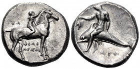 CALABRIA. Tarentum. Circa 302-280 BC. Nomos (Silver, 20 mm, 7.87 g, 8 h), struck under the magistrate Philiarchos. ΦIΛI-APXOΣ Youthful nude jockey on ...