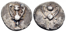 CALABRIA. Tarentum. Circa 280-228 BC. Obol (Silver, 10 mm, 0.41 g, 5 h). Kantharos. Rev. Kantharos with three pellets in the field. HN III 1076. SNG A...