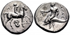 CALABRIA. Tarentum. Circa 272-240 BC. Nomos (Silver, 19.5 mm, 6.44 g, 3 h), struck under the magistrate Kynon. Nude youth riding horse walking to righ...