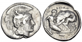 LUCANIA. Herakleia. Circa 390-340 BC. Nomos (Silver, 23.5 mm, 7.60 g, 5 h), c. 350-340. Head of Athena to right, wearing crested helmet ornamented, on...