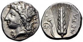 LUCANIA. Metapontum. Circa 330-290 BC. Didrachm or nomos (Silver, 19.5 mm, 7.92 g, 9 h). Head of Demeter to left, wearing grain wreath, triple pendant...