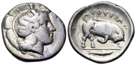 LUCANIA. Thourioi. Circa 400-350 BC. Stater (Silver, 23 mm, 7.58 g, 10 h). Head of Athena to right, wearing helmet adorned with Skylla holding oar(?) ...