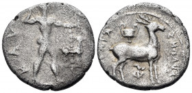 BRUTTIUM. Kaulonia. Circa 440-400 BC. Third Nomos (Silver, 15.5 mm, 2.21 g, 6 h). KAY Apollo, nude, striding right, brandishing laurel branch in his u...