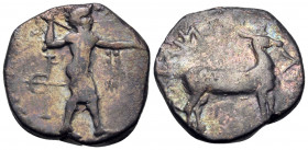 BRUTTIUM. Kaulonia. Circa 400-389/8 BC. Stater (Silver, 21 mm, 7.73 g, 1 h). Apollo standing to right; behind, bird trap. Rev. ΚΑΥΛΩΝΙΑΤΑΣ (retrograde...