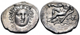 BRUTTIUM. Kroton. Circa 360 BC. Nomos (Silver, 22 mm, 7.56 g, 1 h). Head of Hera Lakinia three-quarters facing, turned slightly to the right, wearing ...