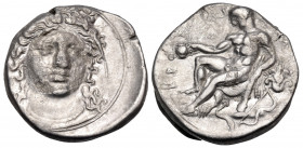 BRUTTIUM. Kroton. Circa 360 BC. Nomos or Didrachm (Silver, 21 mm, 7.62 g, 11 h). Head of Hera Lakinia three-quarters facing, turned slightly to the ri...