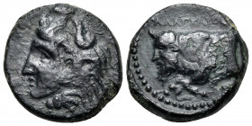 SICILY. Agyrion. Circa 430 BC. (Bronze, 15 mm, 2.73 g, 6 h). APΓYPINAION Head of Herakles to left, wearing lion's skin headdress. Rev. ΠAΛAΓKAIOΣ Fore...