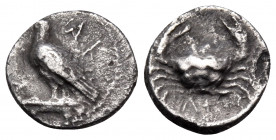 SICILY. Akragas. Circa 450-440 BC. Litra (Silver, 10 mm, 0.41 g, 3 h). ΑΚ - RΑ Eagle, with closed wings, standing left on Ionic column capital. Rev. Λ...