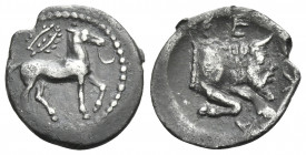 SICILY. Gela. Circa 465-450 BC. Litra (Silver, 13 mm, 0.57 g, 10 h). Horse walking right; above, wreath. Rev. ΓΕΛΑΣ Forepart of Acheloos as a man-head...