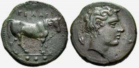 SICILY. Gela. Circa 420-405 BC. Tetras (Bronze, 16 mm, 3.19 g, 3 h). ΓΕΛΑΣ Bull walking slowly to the right; in exergue, three pellets. Rev. Head of y...