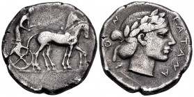 SICILY. Katane. Circa 450-445 BC. Tetradrachm (Silver, 27 mm, 16.95 g, 12 h). Charioteer driving quadriga moving slowly to right, holding goad in his ...