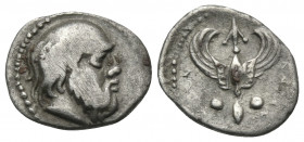 SICILY. Katane. Circa 431-415 BC. Litra (Silver, 12 mm, 0.62 g, 5 h). Head of Silenos to right. Rev. KAT-A-NAIΩN Winged thunderbolt flanked by two shi...