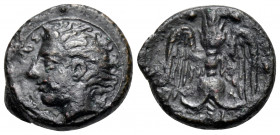 SICILY. Katane. Circa 405-402 BC. Tetras (Bronze, 14.5 mm, 2.24 g, 7 h). AMENANOΣ Horned head of the river-god Amenanos to left. Rev. K - A Winged thu...