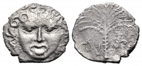 SICILY. Motya. Circa 405-397 BC. Litra (Silver, 12 mm, 0.79 g, 12 h). Gorgoneion with tongue protruding. Rev. 'MTV' ( Punic ) Palm tree. Jenkins, Puni...