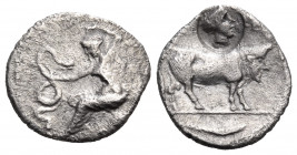 SICILY. Selinos. Circa 455-409 BC. Litra (Silver, 12 mm, 0.66 g, 9 h), c. 410. Nymph seated left on rock, grasping, with her right hand, snake coiled ...