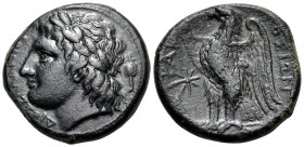 SICILY. Syracuse. Hiketas, 287-278 BC. Litra (Bronze, 22.5 mm, 9.02 g, 1 h). ΔIOΣ EΛΛANIOY Laureate head of Zeus Hellanios to left; behind neck, troph...