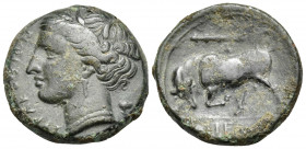 SICILY. Syracuse. Hieron II, 275-215 BC. Trias (?) (Bronze, 19.5 mm, 6.40 g, 10 h), circa 275-269. ΣΥPAKOΣIΩN Head of Kore to left, wearing wreath of ...