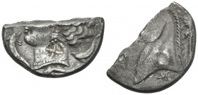 SICILY. Unlocated Punic mint. Circa 350-300 BC. Tetradrachm (Silver, 25 mm, 6.91 g, 1 h), half of a tetradrachm, cut and countermarked. Head of Tanit-...