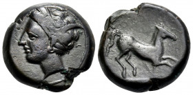 CARTHAGE. Circa 400-350 BC. (Bronze, 15 mm, 5.30 g, 8 h). Wreathed head of Tanit to left. Rev. Horse prancing right. MAA 15. SNG Copenhagen 96. Dark g...